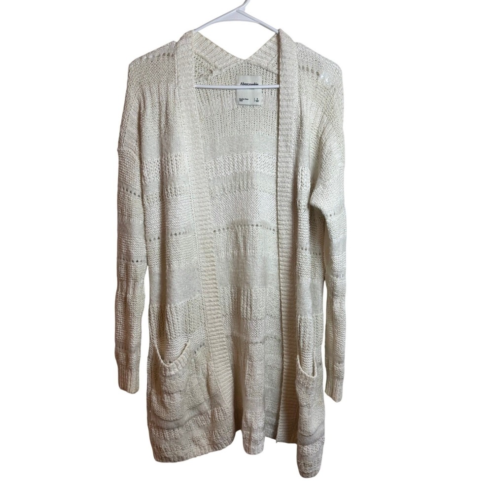 Abercrombie & Fitch Womens Cream Pointelle Knit Open Front Pocket Cardigan S